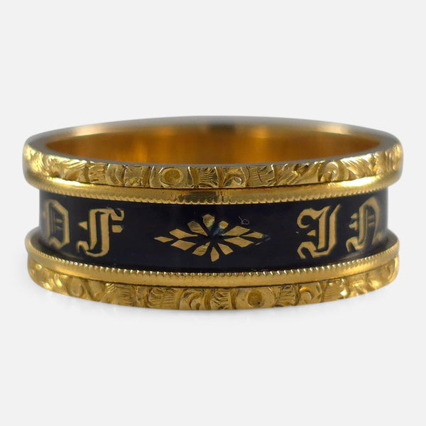 The William IV 18ct Gold and Enamel Memorial Ring, viewed from the front