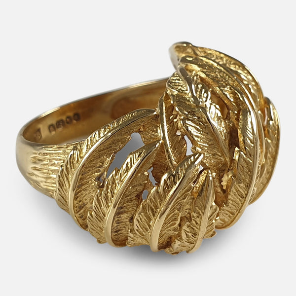 the 18ct Yellow Gold Fern Frond Motif Cocktail Dress Ring viewed from the left