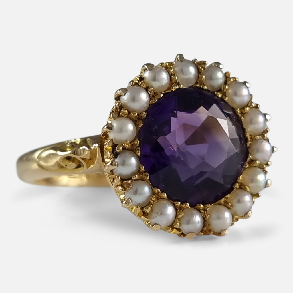 Edwardian 18ct Gold Amethyst and Pearl Cluster Ring
