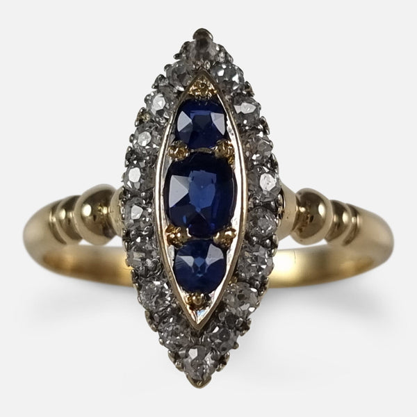 the Victorian 18ct gold sapphire and diamond Navette cluster ring viewed from above