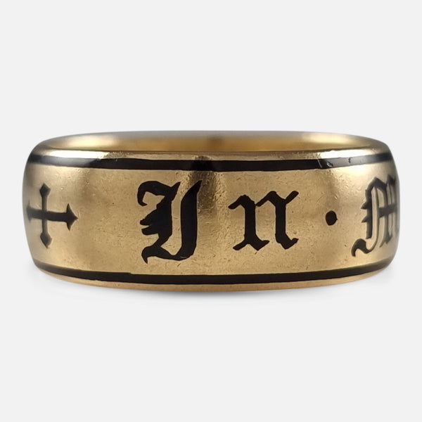 the Victorian 22 carat gold and enamel memorial ring viewed from the front