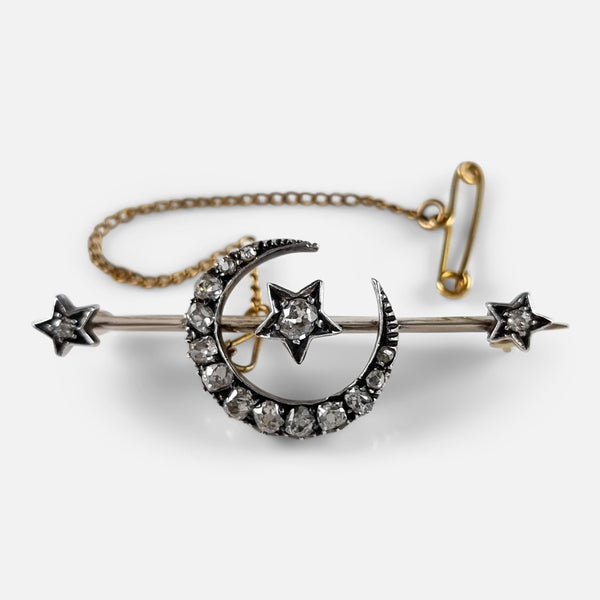 the Victorian silver and gold diamond crescent brooch viewed from the front