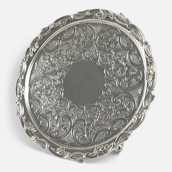 the Scottish Victorian sterling silver salver viewed at a slight angle