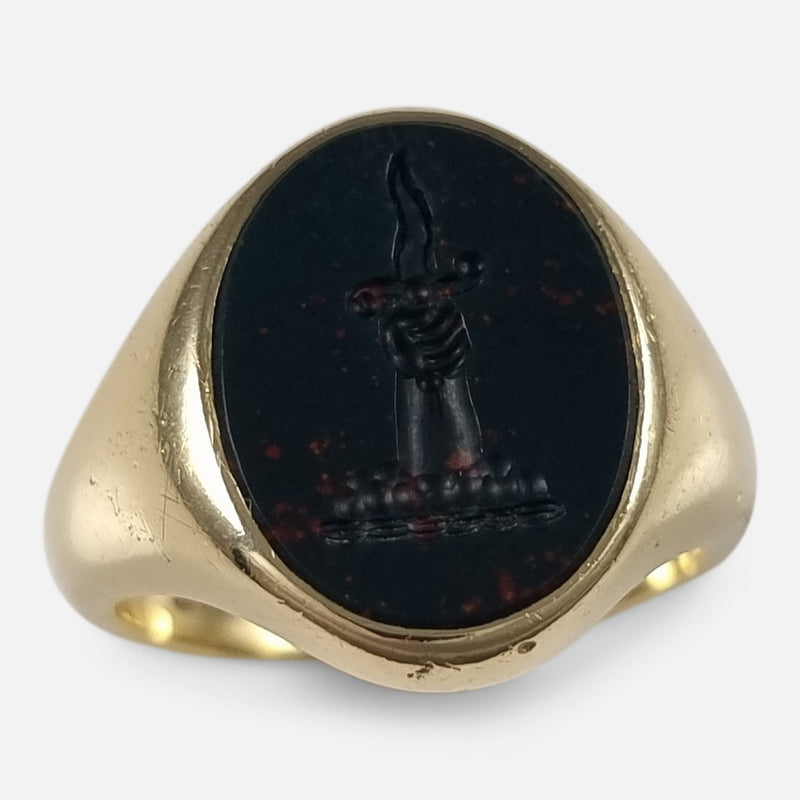 The 18ct Gold Bloodstone Intaglio Signet Ring, viewed from above at a slight angle