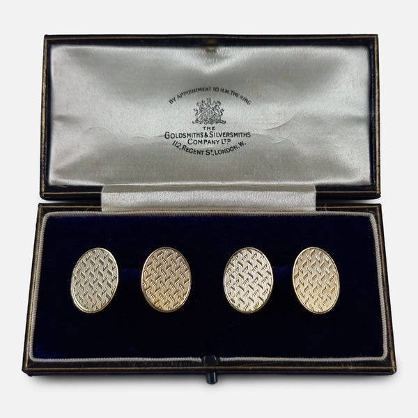 The 18ct Yellow Gold Oval Cufflinks, Goldsmiths & Silversmiths Co, viewed in their box
