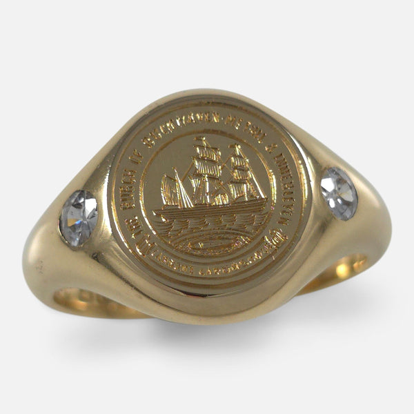 The 18ct Gold Intaglio Signet Ring with Diamonds viewed from above at a slight angle