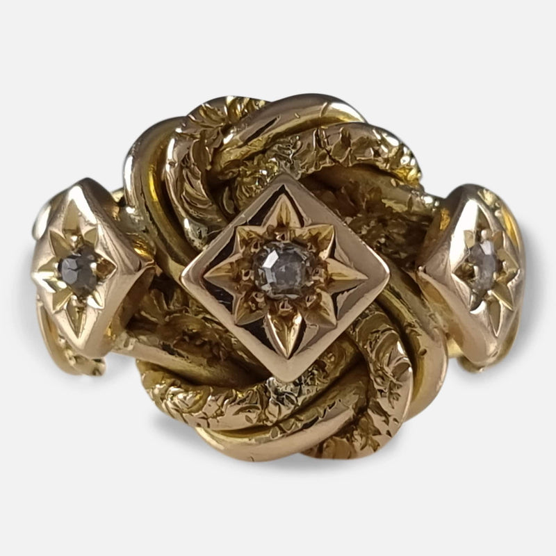 The George V 18ct Yellow Gold Diamond Knot Ring viewed from the front
