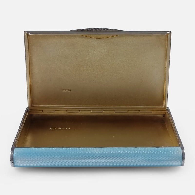 the case viewed from the front with lid opened to reveal the interior