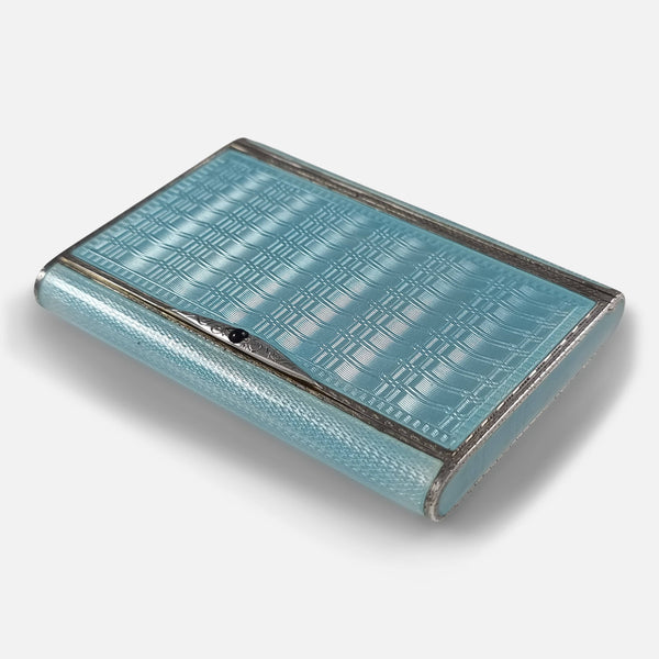 The Art Deco Sterling Silver and Enamel Cigarette Case, viewed at an angle