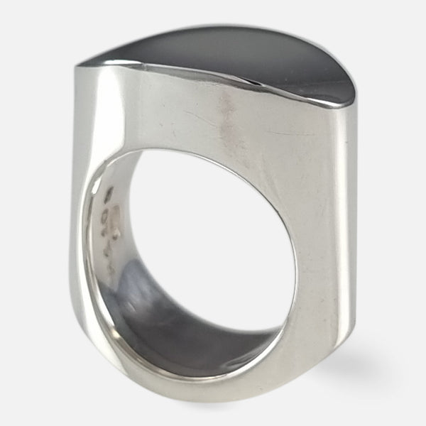 The Georg Jensen Sterling Silver Ring viewed vertically at a slight angle