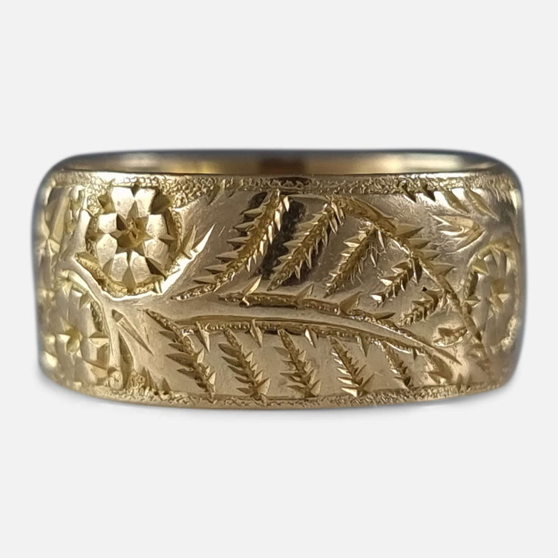 The Edwardian 18ct Gold Engraved Keeper Ring, viewed from the front