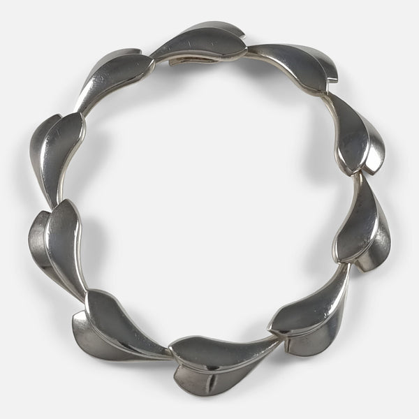 The Georg Jensen Sterling Silver Lotus Bracelet designed by Per Hertz, and viewed from above