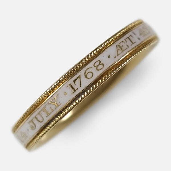 The George III 18ct Gold and Enamel Memorial Ring, circa 1768, viewed diagonally