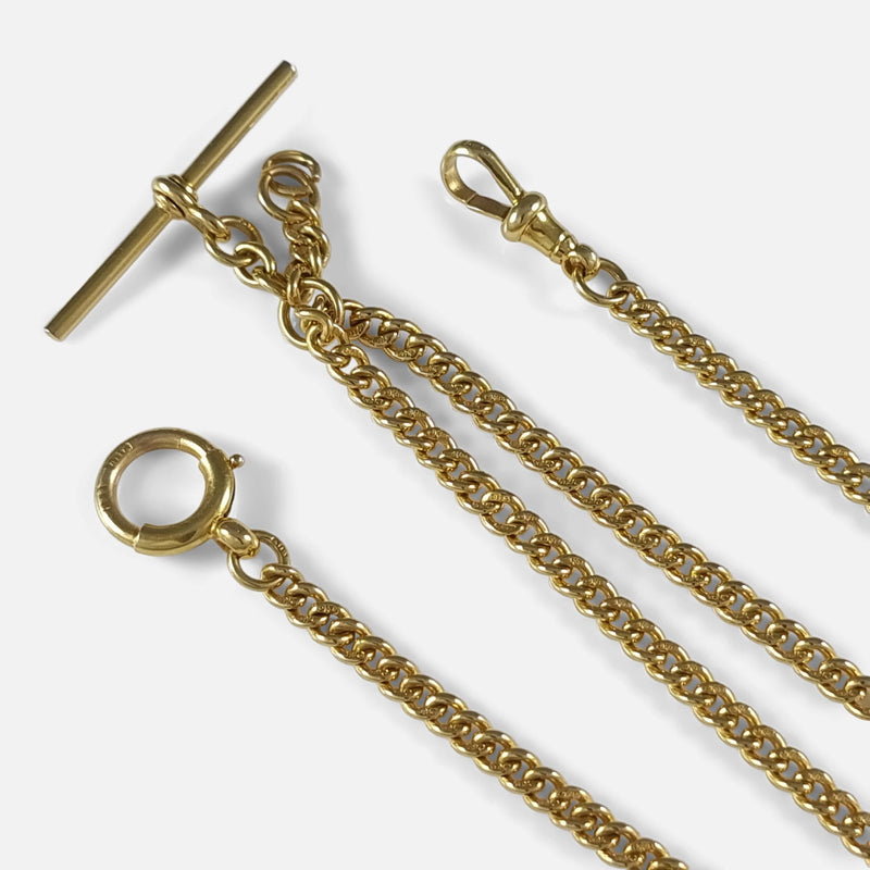 a section of the chain in focus to include T-bar, dog clip, and spring-ring clasp