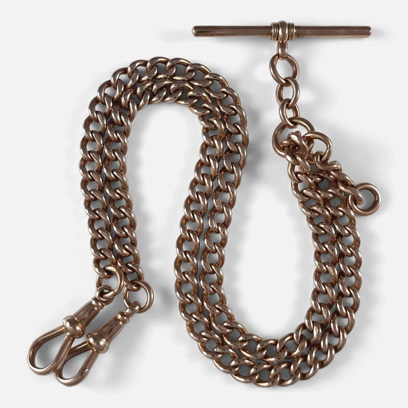 The George V 9ct Rose Gold Albert Watch Chain, viewed from above