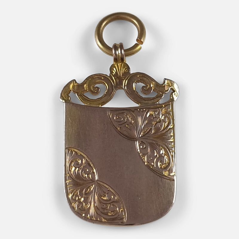 The George V 9ct Rose Gold Shield Fob Medal, viewed from above