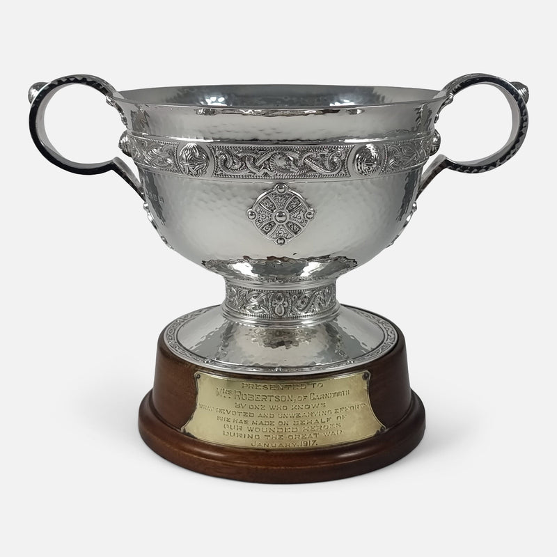 The George V Sterling Silver Celtic Revival Bowl by Edward & Sons, viewed on its plinth