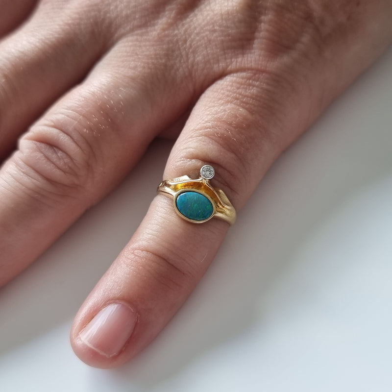 Lapponia 18ct Gold Diamond & Opal Doublet Ring - 1981