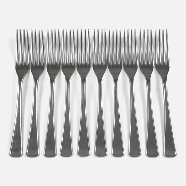 the set of 10 George VI Sterling Silver Dessert Forks by Elkington & Co, viewed from above