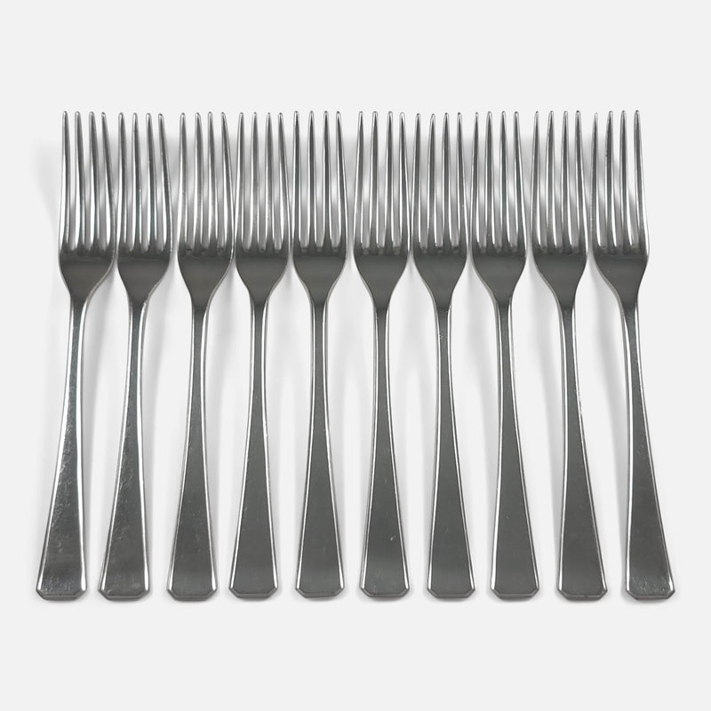 the set of 10 George VI Sterling Silver Dessert Forks by Elkington & Co, viewed from above