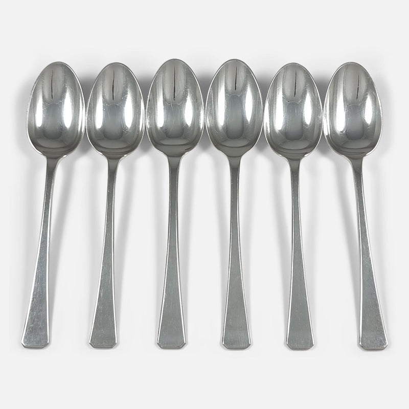 The Set of 6 Sterling Silver Dessert Spoons by Elkington & Co, viewed from above