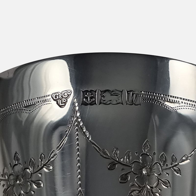 Close-up showcasing the Birmingham hallmarks on a goblet, highlighting its origin and quality.