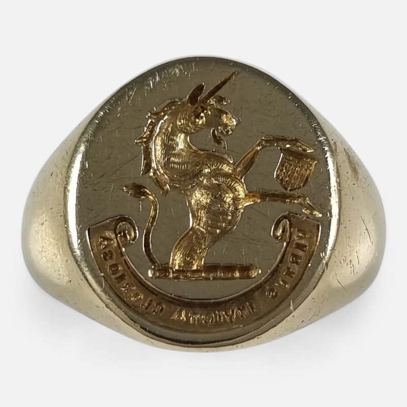 The Unconquered Virtue Is Glorious Intaglio 18ct Gold Signet Ring, viewed from above