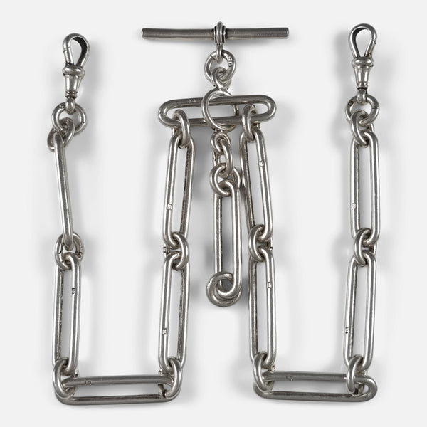 The Victorian Sterling Silver Trombone Link Albert Watch Chain viewed from above