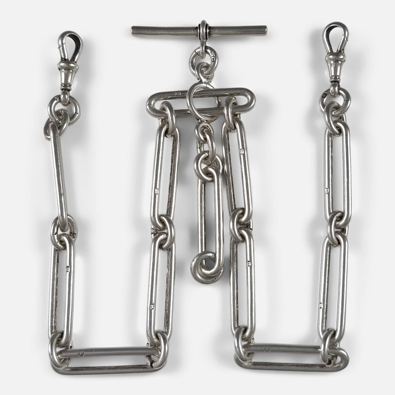The Victorian Sterling Silver Trombone Link Albert Watch Chain viewed from above