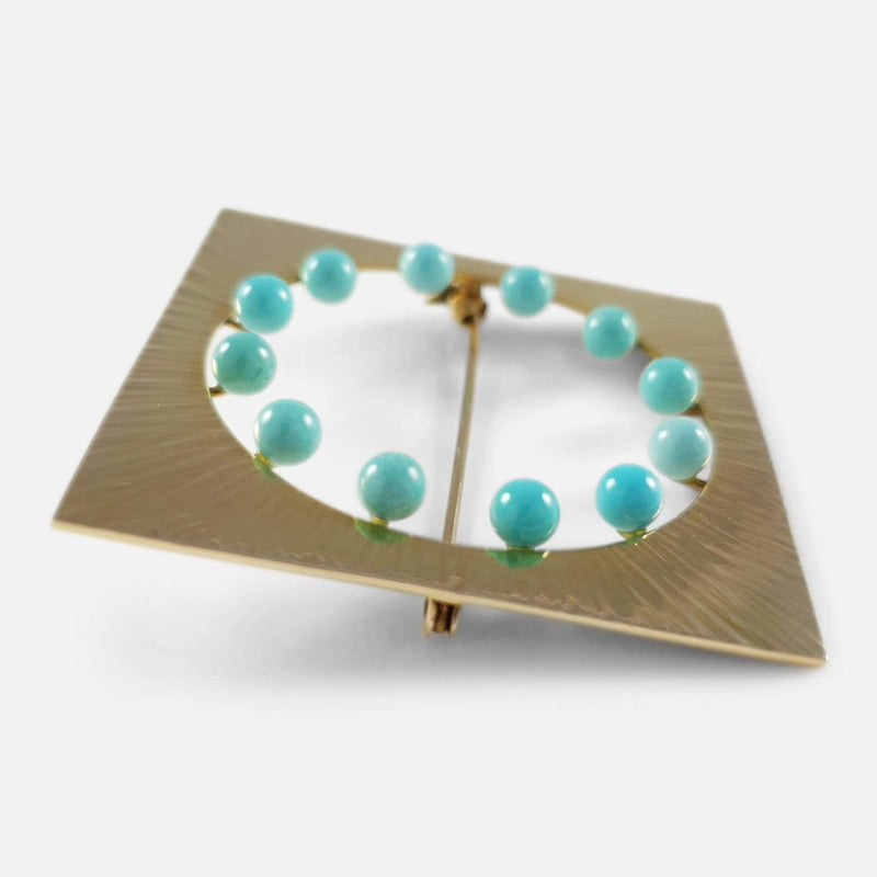 14ct gold and Amazonite beads brooch viewed from left side