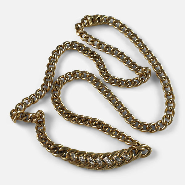 14ct gold and diamond curb chain necklace viewed from above