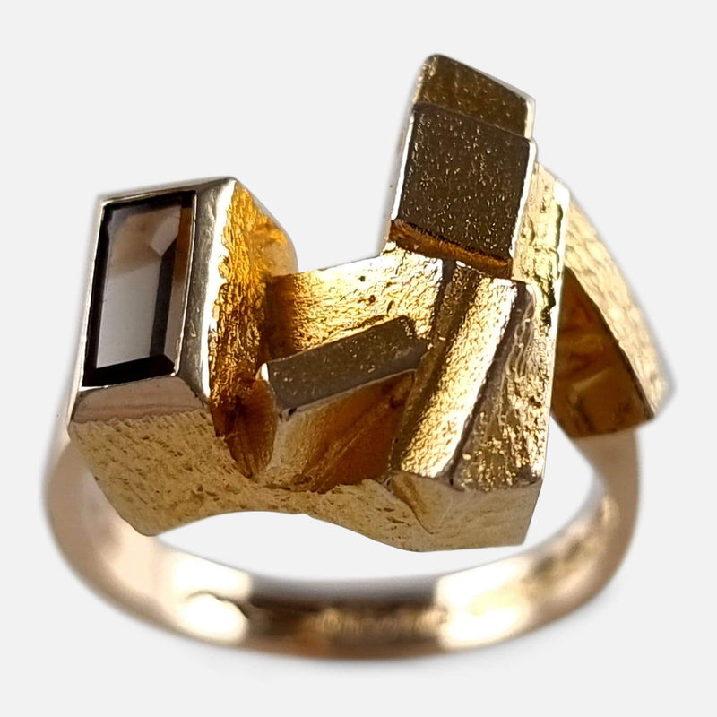 the 14ct gold and smokey quartz ring by Lapponia, viewed from a slightly raised position