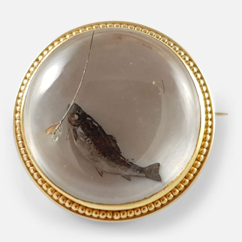 14ct Reverse-Carved Crystal Intaglio Fishing Brooch, Circa 1920s - Argentum Antiques & Collectables