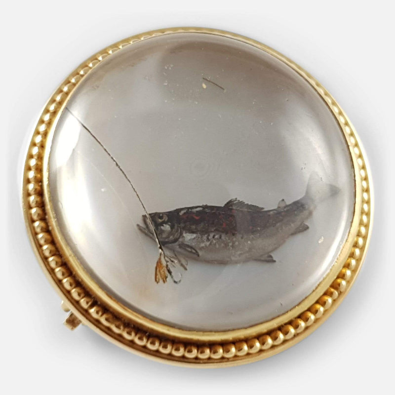 14ct Reverse-Carved Crystal Intaglio Fishing Brooch, Circa 1920s - Argentum Antiques & Collectables