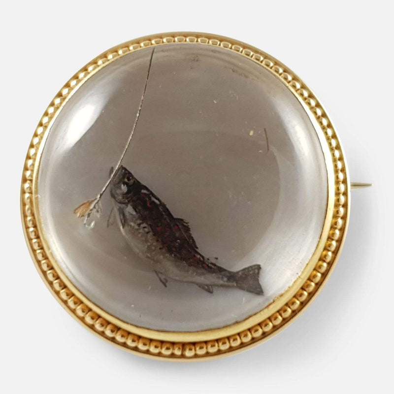 14ct Reverse-Carved Crystal Intaglio Fishing Brooch, Circa 1920s - Argentum Antiques & Collectables