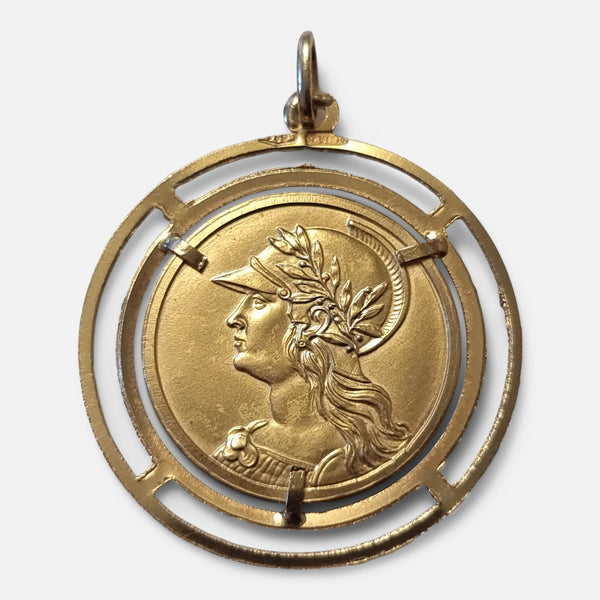 the 14ct yellow gold Minerva pendant viewed from the front