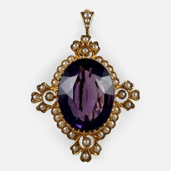 the Edwardian 15ct amethyst and seed pearl pendant viewed from the front