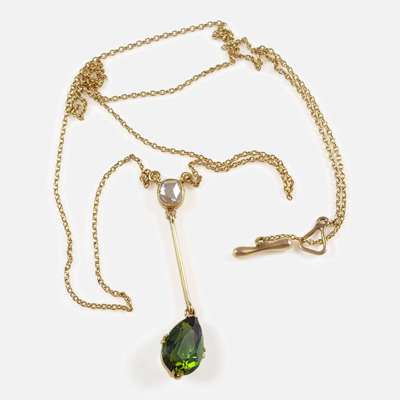 the Tourmaline and Diamond Pendant Drop Lavalier Necklace viewed from the front
