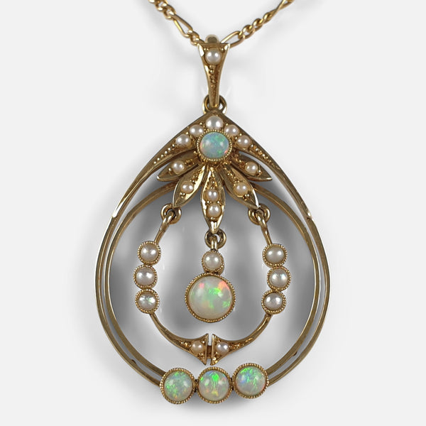 the Edwardian 15ct gold pendant set with opals and pearls viewed from the front