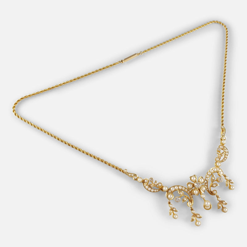Edwardian Gold Pearl and Diamond Necklace from above