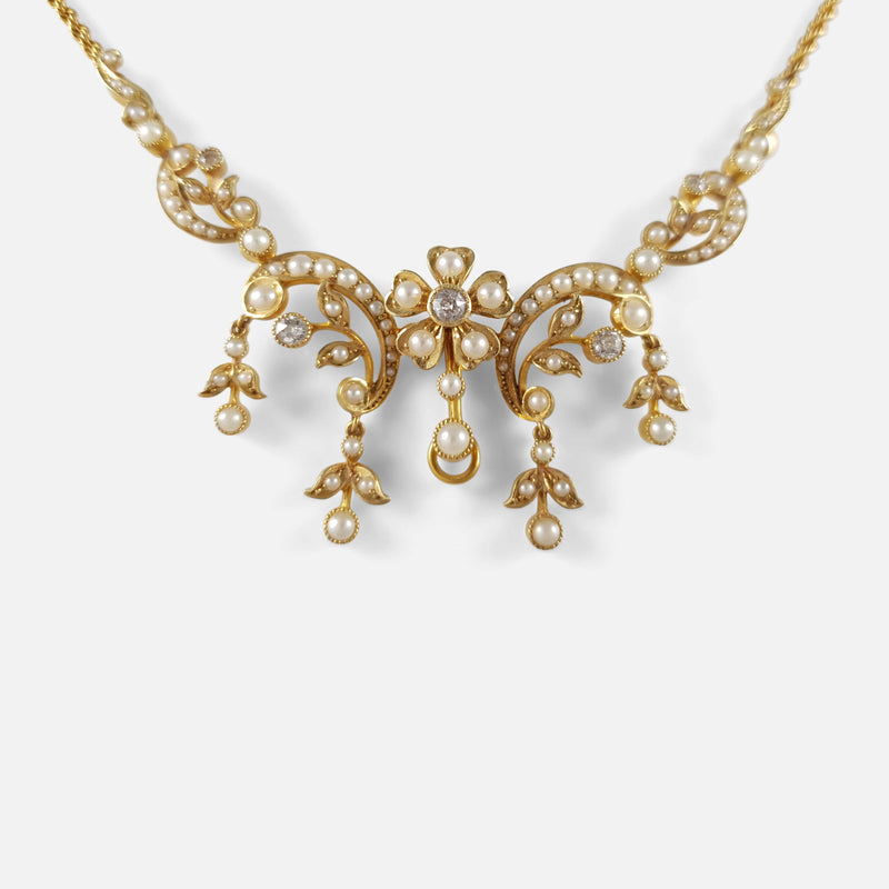 Edwardian Gold Pearl and Diamond Necklace pendant section