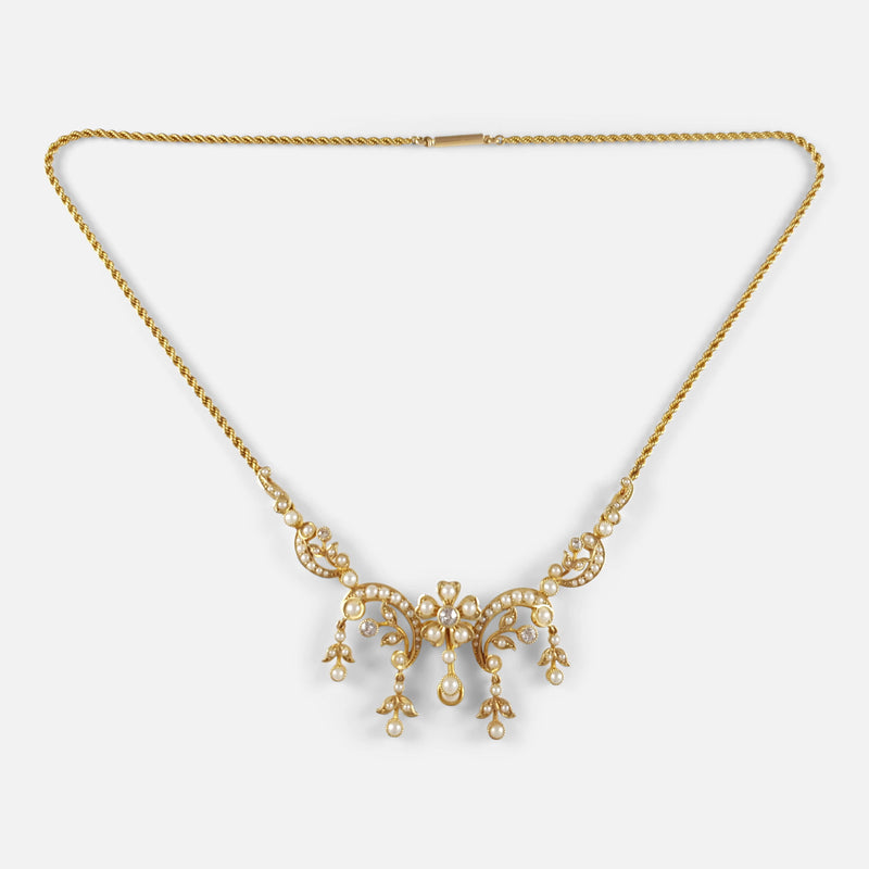 Edwardian Gold Pearl and Diamond Necklace viewed from above