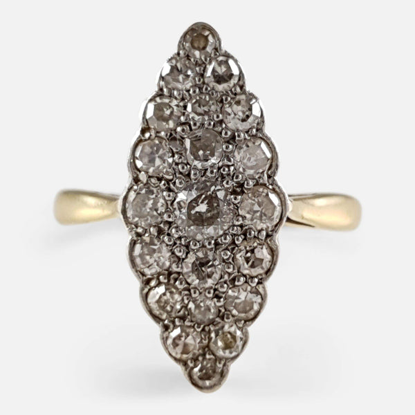 the 1920s 18ct gold diamond navette ring viewed from the front