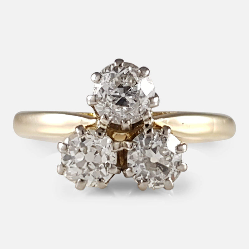 the 1920s 18ct gold diamond trilogy ring viewed from the front