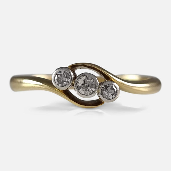 the Art Deco period 18ct yellow gold diamond crossover ring viewed from the front