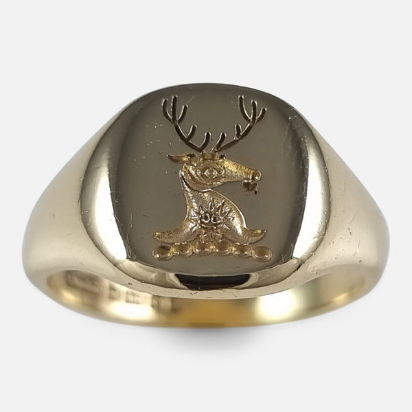 the 18 carat yellow gold intaglio signet ring viewed from above