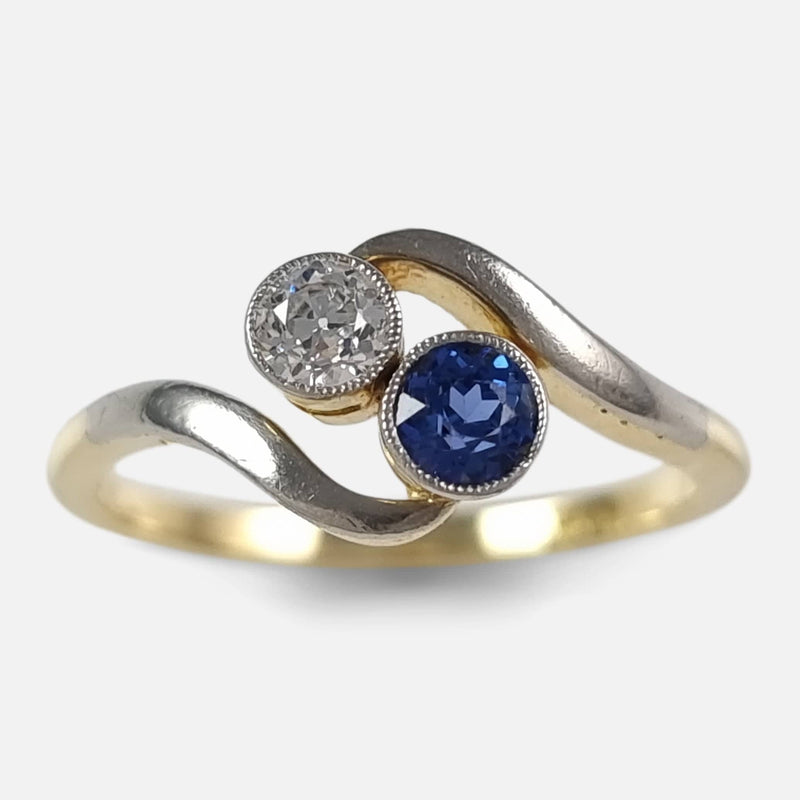 the 18ct gold sapphire and diamond crossover ring viewed from above