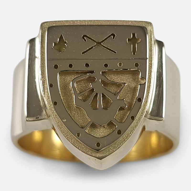 The 18ct yellow gold shield signet ring viewed from above