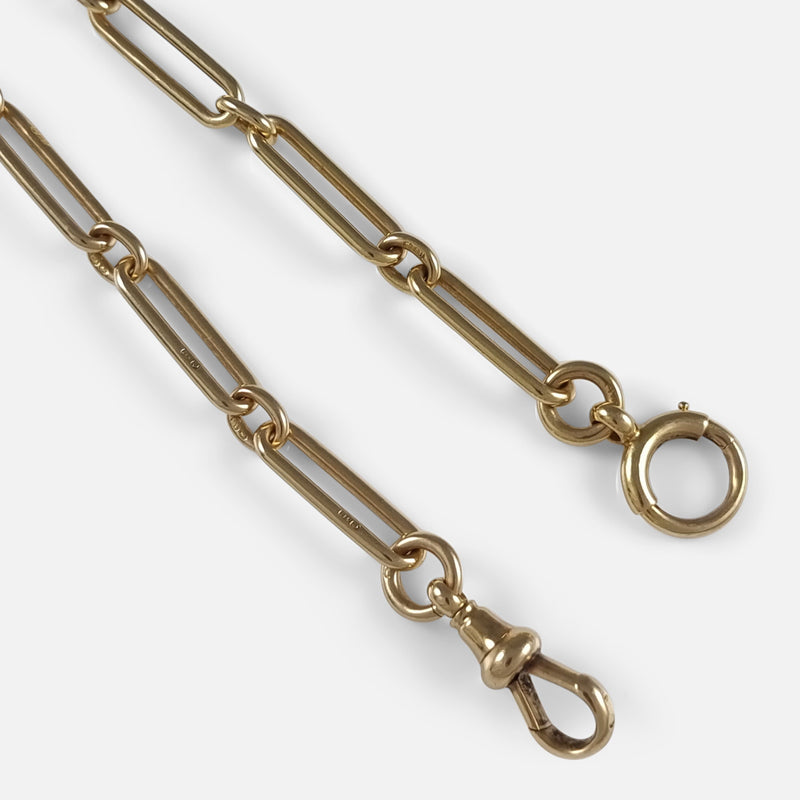 focused on a section of the chain to include the dog clip and roll pin clasp