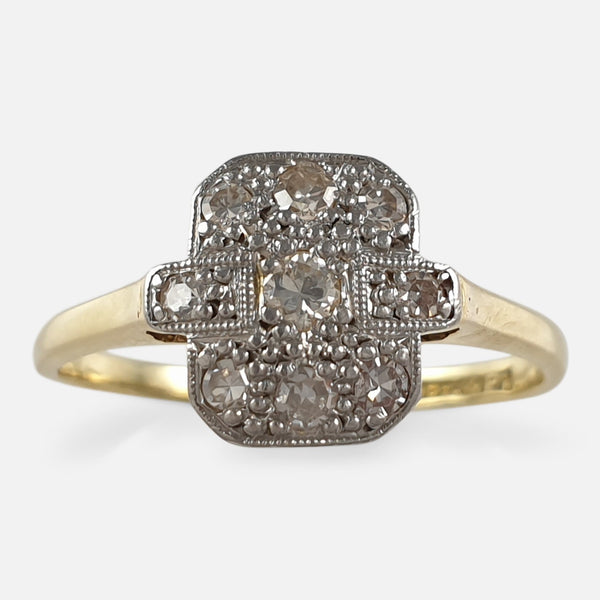 The Art Deco period 18ct and platinum diamond cluster ring viewed from the front